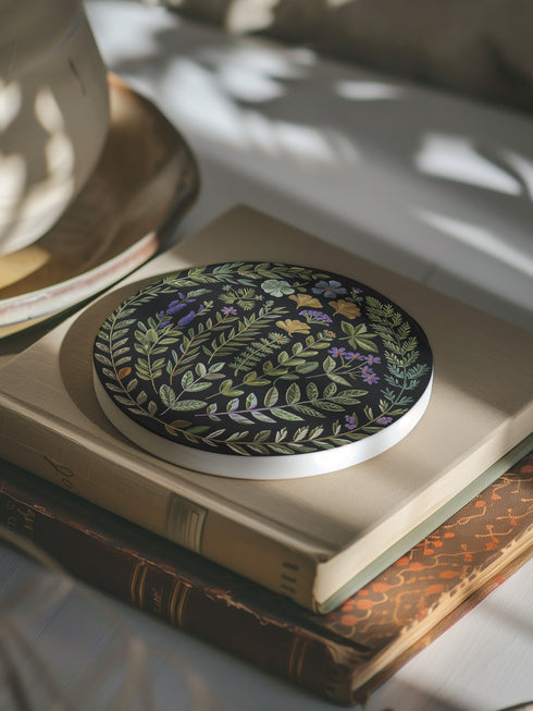 Circular ceramic coaster with black background featuring intricate botanical illustrations of various herbs, flowers and leaves in green, purple and gold colors with white ceramic edge and cork backing.